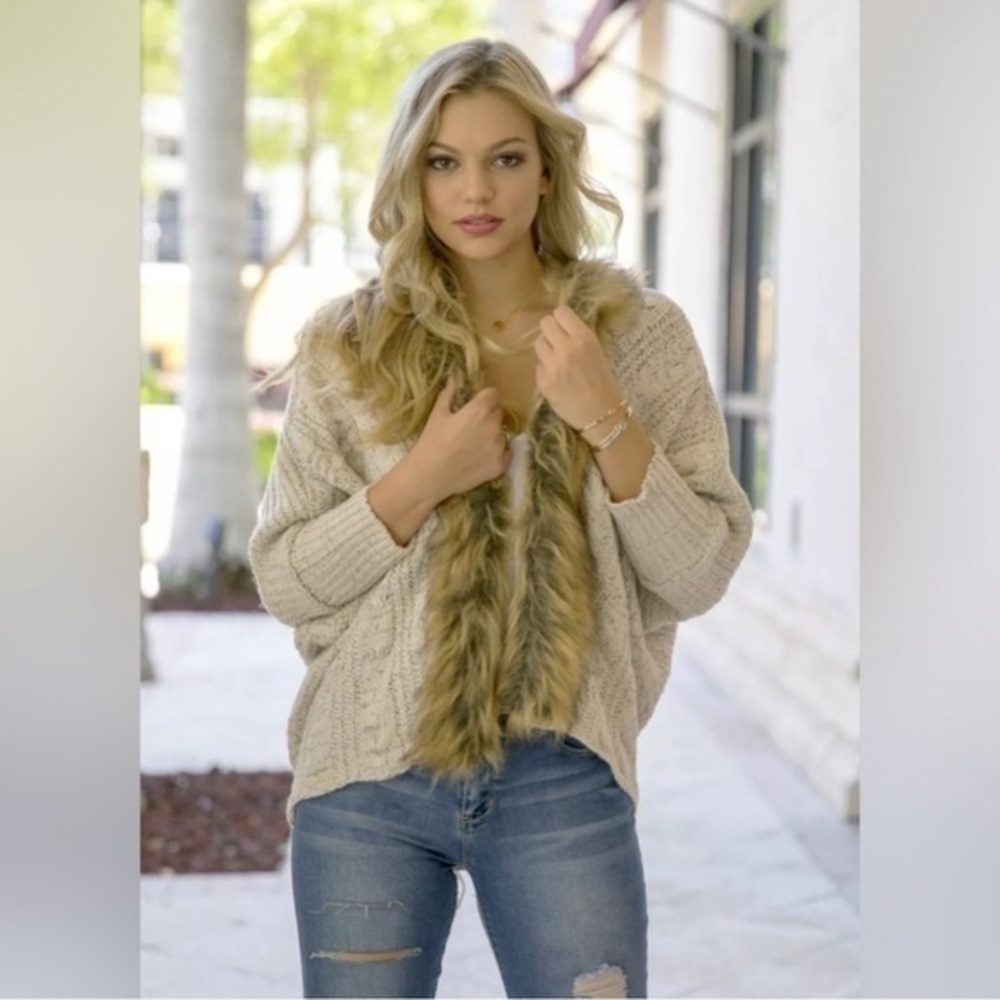 MILITARY HIPPIE Faux Fur Cardigan Sweater Open Front Tie Back